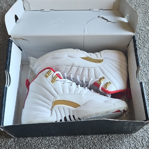 Jordan Air 12 Retro White and Red Sneakers - Picture 1 of 4